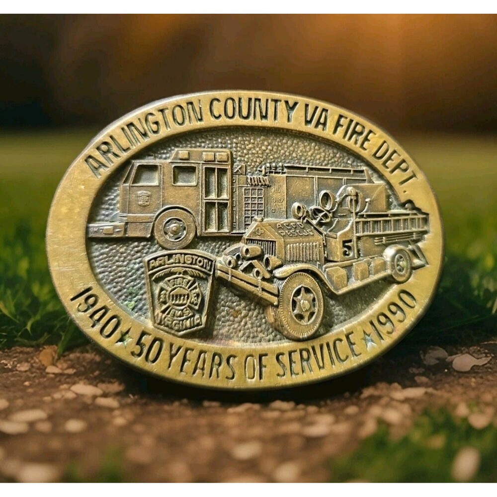 Vintage Fire Department Station Belt Buckle Fire Truck Arlington County VA